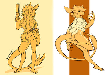 4_fingers anthro barefoot blaster bottomwear breasts claws clothing feet female finger_claws fingers fur hair hindpaw humanoid_hands jacket long_claws paws shorts solo tail topwear zummeng ana_(zummeng) alien hybrid 2022 hi_res