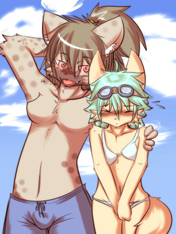 anthro bikini blush blush_lines breasts bulge clothing duo embarrassed eyewear eyewear_on_head featureless_breasts female goggles goggles_on_head gynomorph intersex kemono looking_at_another pink_sclera red_eyes sky swimwear two-piece_swimsuit hane hyena mammal spotted_hyena 2011 3:4