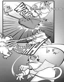 3_toes 4_fingers anthro claws crush dustpan feet fight fingers group knife male sharp_teeth teeth throwing_character toes trio violence chris_fischer chip_'n_dale_rescue_rangers disney dale_(disney) monterey_jack_(cdrr) chipmunk ground_squirrel mammal mouse murid murine rat rodent sciurid hi_res monochrome