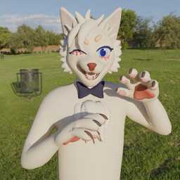anthro beige_color blue_eyes bow_tie claws fur one_eye_closed pawpads paws solo teeth tongue white_color wink young johan_wolff(artist) vitalywf domestic_cat felid feline felis mammal 1:1 3d_(artwork) digital_media_(artwork) hi_res