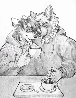 anthro blush clothed clothing container cup cutlery duo ear_piercing ear_ring ears_back eyes_closed front_view grey_body grey_scales hair happy holding_container holding_cup holding_mug holding_object hoodie kitchen_utensils male messy_hair mug open_mouth open_smile piercing pivoted_ears ring_piercing scales short_hair simple_background smile spoon tools topwear unsigned akatan_art canid canine fox mammal traditional_media_(artwork)