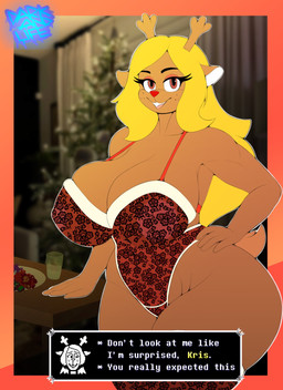 aged_up anthro big_breasts bra breasts clothed clothing eyelashes female footwear freckled_face freckles huge_breasts huge_hips huge_thighs legwear long_eyelashes nipples nude panties smile socks solo standing text thick_thighs underwear wide_hipped_female wide_hips darkandlife2 deltarune undertale_(series) noelle_holiday deer mammal english_text hi_res