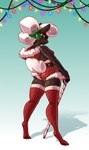 anthro black_body butt butt_pose candy candy_cane cane christmas_clothing christmas_lights clothing dessert female food fur holidays holly_(plant) hood legwear looking_at_viewer looking_back plant pose skindentation smile solo stockings thigh_highs white_body white_fur wool_(fur) mrkirboy christmas bovid caprine mammal sheep 2020 hi_res