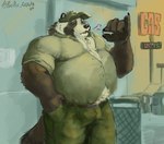 anthro belly big_belly bottomwear breathing clothing gas_station hand_in_pocket hat headgear headwear male musclegut muscular open_sign overweight pants pockets shirt smoking solo topwear pacific_coyote mammal procyonid raccoon 2024 hi_res