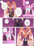 2019 3:4 ambiguous_gender anthro blue_eyes breasts brother_(lore) brothers_(lore) brown_body brown_fur canid canine clothing comic crossed_arms dialogue digital_media_(artwork) eeveelution english_text female fur generation_2_pokemon generation_4_pokemon generation_6_pokemon group hi_res inside km-15 lagomorph laurence lopunny lucius_(km-15) mammal nintendo pen pink_eyes pokemon pokemon_(species) red_eyes ribbons sibling_(lore) sitting sylveon text umbreon waiter writing_utensil