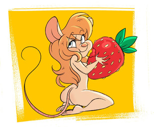 4_fingers anthro biped blonde_hair border butt eating eyebrow_through_hair eyebrows eyelashes female fingers food fruit hair holding_food holding_object kneeling long_tail looking_back micro nude nude_anthro nude_female pink_nose plant plantar_flexion rear_view solo strawberry tail thin_tail toony translucent translucent_hair white_border rougefetus chip_'n_dale_rescue_rangers disney gadget_hackwrench mammal mouse murid murine rodent 2020 full-length_portrait hi_res portrait