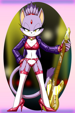 amber_eyes anthro bell biped bra clothed clothing collar electric_guitar female fingerless_gloves footwear front_view garter_belt garter_straps gloves guitar handwear high_heels holding_musical_instrument holding_object jacket leather leather_clothing leather_jacket leather_topwear legwear looking_at_viewer musical_instrument panties plucked_string_instrument pumps shoes skimpy smile solo spiked_collar spikes stockings string_instrument topwear underwear crovirus sega sonic_the_hedgehog_(series) blaze_the_cat domestic_cat felid feline felis mammal 2:3 hi_res