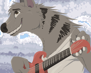 4_fingers anthro black_lips black_nose brown_body brown_eyes brown_fur clothing cloud cloudy_sky detailed_background electric_guitar facial_scar fingers fur guitar guitar_pick head_tuft holding_guitar holding_musical_instrument holding_object lips long_neck looking_up male mane musical_instrument nervous nervous_smile plucked_string_instrument scar sharp_teeth shirt sky smile solo string_instrument striped_body striped_fur striped_neck stripes teeth topwear tuft whiskers white_clothing white_shirt white_topwear conditional_dnp tangerine_(artist) pack_street ozzy_(weaver) hyena mammal striped_hyena 2026 5:4 aliasing binary_drawing digital_drawing_(artwork) digital_media_(artwork)