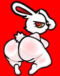 anthro big_butt breasts butt doll eyelashes female huge_butt looking_at_viewer looking_back looking_back_at_viewer rear_view red_background red_eyes side_boob simple_background solo stitch_(sewing) white_body lewdewott 2spot_studio bloody_bunny_(series) bloody_bunny animate_inanimate lagomorph leporid living_doll mammal rabbit hi_res