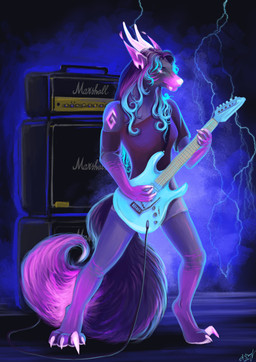 amplifier anthro electric_guitar female guitar holding_guitar holding_musical_instrument holding_object music musical_instrument playing_guitar playing_music plucked_string_instrument rock standing string_instrument tail alexandradane marshall_amplification mythology canid canine canis dragon mammal mythological_creature mythological_scalie scalie wolf 2019 absurd_res english_description hi_res signature