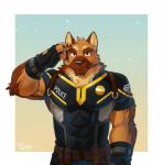 2015 anthro arm_tuft belt biceps big_muscles black_nose brown_body brown_eyes brown_fur canid canine canis chest_tuft claws clothed clothing countershading domestic_dog elbow_tuft fingerless_gloves fully_clothed fur german_shepherd gesture gloves handwear herding_dog hi_res looking_at_viewer male mammal muscular muscular_anthro muscular_male neck_tuft officer_benson pastoral_dog pecs police salute solo takemoto_arashi triceps tuft uniform utility_belt