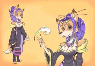 anthro barefoot biped blue_hair brown_eyes clothing digitigrade dipstick_tail dress feet female footwear hair japanese jewelry legwear magic magician markings socks solo tail tail_markings toeless_footwear toeless_socks wind unknown_artist canid canine fox mammal