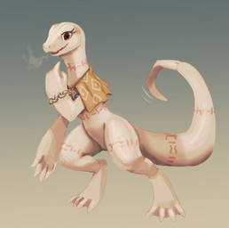 albino anthro bottomless capelet capelet_only clothed clothing female mostly_nude red_eyes solo tail tattoo tribal tribal_tattoo white_body cherrysnakecat overlord_(series) crusch_lulu lizardman lizardman_(overlord) scalie hi_res