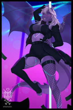 anthro black_border border breasts claws clothed clothing dancing exposure_variation female hair horn logo membrane_(anatomy) membranous_wings pole pole_dancing purple_body purple_scales scales solo stripper_pole tail wings fleet-foot european_mythology mythology rythmyr dragon mythological_creature mythological_scalie reptile scalie western_dragon artist_logo hi_res