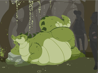belly big_belly clothing feral forest grey_body group hat headgear headwear lying male on_front outside overweight plant shirt topwear tree trio boot_(artist) alligator alligatorid crocodilian human mammal reptile scalie 2014