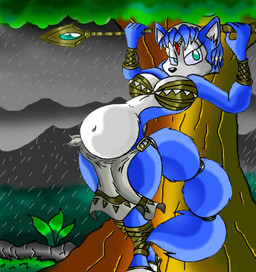 anthro belly big_breasts blue_body blue_eyes blue_fur bottomwear breasts clothing crown female female_anthro footwear fur headgear krystal's_staff loincloth multicolored_body multicolored_fur navel plant pregnant pregnant_anthro pregnant_female raining sandals shoes solo staff tiara topwear tree two_tone_body two_tone_fur white_body white_fur virus-20 nintendo star_fox krystal_(star_fox) canid canine fox mammal 2005 digital_media_(artwork)