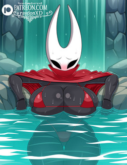 big_breasts bikini biped black_body blush breasts butt butt_from_the_front clothed clothing female front_view huge_breasts monotone_body no_pupils partially_submerged red_clothing solo swimwear text thick_thighs two-piece_swimsuit water white_head raydonxd hollow_knight_(franchise) team_cherry hornet_(hollow_knight) arthropod humanoid hi_res url