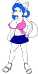 anthro big_breasts biped blue_eyes blue_hair bottomwear breasts clothed clothing eyewear female footwear glasses hair high_heels huge_breasts shoes skimpy skirt solo tail topwear vest toonpimp shay_feral canid canine canis domestic_dog husky mammal nordic_sled_dog spitz