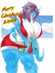 anthro biceps big_breasts blue_body breasts cleavage clothed clothing female gift holidays huge_breasts muscular muscular_anthro muscular_female non-mammal_breasts skimpy small_head solo tail thick_thighs wide_hips ryuakira christmas mythology amelia_cresci dragon mythological_creature mythological_scalie scalie