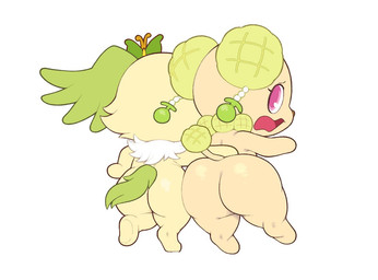 ambiguous_gender anthro big_butt butt butt_size_difference duo featureless_feet featureless_hands feet fluffy fluffy_ears fluffy_tail food fruit fur green_body green_fur hair hair_bun hand_on_another's_back head_accessory huge_butt melon melon_bread multicolored_body multicolored_fur neck_tuft nervous open_mouth pink_eyes pink_nose plant rear_view shortstack simple_background snout tail tail_tuft tan_body thin_eyebrows tuft twin_buns white_background white_body white_fur box_(hajimeyou654) jewelpet sanrio sega sega_fave melorina peridot_(jewelpet) canid canine canis domestic_dog food_creature mammal papillon poodle toy_dog 2026 widescreen female_(lore)