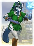 anthro big_breasts blue_eyes blue_hair blue_nose boots border bottomwear breasts clothed clothing countershade_border dialogue duo featureless_breasts female fingerless_gloves flying footwear gloves glowing hair handwear hat headgear headwear holding_melee_weapon holding_object holding_sword holding_weapon horn hylian_shield inner_ear_fluff long_hair master_sword melee_weapon navel nude shield shirt shoes shorts solo_focus surprise sword tail text tongue tongue_out topwear tuft tunic weapon white_border furball nintendo ocarina_of_time the_legend_of_zelda amione link muscari navi kaisura kwuff 2016 3:4 crossover digital_media_(artwork) english_text hi_res portrait three-quarter_portrait