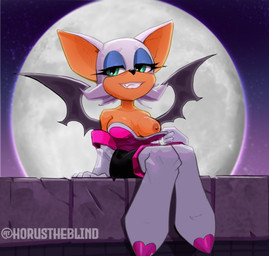 anthro areola bat_wings big_ears black_bodysuit black_clothing black_nose black_skinsuit blue_eyeshadow bodysuit boots breasts brown_areola brown_nipples clothing eyeshadow female flashing flashing_breasts footwear front_view fur gloves green_eyes handwear knee_boots knee_highs legwear looking_at_viewer makeup membrane_(anatomy) membranous_wings moon night nipples one_breast_out purple_wings shoes sitting skinsuit smile solo tan_body tan_fur tight_clothing white_body white_boots white_clothing white_footwear white_fur white_gloves white_handwear wings horustheblind sega sonic_the_hedgehog_(series) rouge_the_bat bat mammal