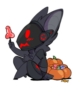 anthro black_body black_fur candy chibi dessert fluffy food fur genitals holidays jack-o'-lantern lollipop machine male penis red_eyes solo iivochka halloween knightrider protogen hi_res
