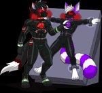 abs ambiguous_gender anthro black_background black_body black_fur black_hair bound breath bulge claws clothing collar duo emblem flustered fur gas gas_mask glistening glistening_body hair highlights_(coloring) hypnosis latex male male/male markings mask mind_control muscular paws purple_body purple_fur red_body red_fur restrained ring_(marking) ringed_tail simple_background skinsuit spiked_collar spikes striped_markings striped_tail stripes tail tail_markings tight_clothing white_body white_fur white_hair sparksstars neve_(naneve) nycto canid canine canis mammal procyonid raccoon wolf