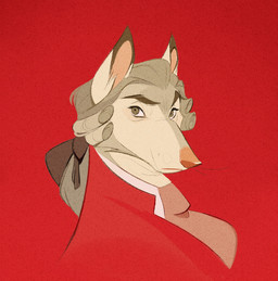 alternate_species anthro ascot cheek_tuft clothing eyebrows facial_tuft furrification grey_eyes grey_hair hair male pink_inner_ear ponytail red_background red_clothing red_suit side_view simple_background snout solo suit tuft whiskers arealtrashact real_world wolfgang_amadeus_mozart canid canine canis mammal wolf 2023 bust_portrait portrait