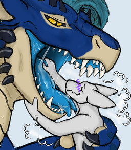 amber_eyes anthro aroused aroused_face aroused_male aroused_prey black_horn blue_body blue_hair blue_internal blue_membrane bodily_fluids breath drooling duo feral forked_tongue hair head_in_mouth horn imminent_vore male male/male mawplay membrane_(anatomy) mouth_shot open_mouth oral_vore saliva scales size_difference spikes spikes_(anatomy) tan_body tan_chest tan_scales teeth tongue tongue_out vore white_body hgythshs mythology drembonaarkrah dragon hybrid kobold mythological_creature mythological_scalie scalie absurd_res hi_res