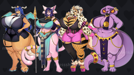 anthro belt bodily_fluids boss bottomwear breasts clothed clothed_female clothing ear_piercing ear_ring female furgonomic_piercing furgonomics gold_(metal) group hair hyper latex necktie office office_lady orange_body overweight piercing pose purple_body purple_hair ring_piercing shirt skirt snake_hood snake_hood_piercing tail tall tattoo thick_tail tongue topwear wide_hips massshinka dungeons_and_dragons hasbro mythology nintendo pokemon wizards_of_the_coast fan_character arcanine canid canine canis domestic_cat domestic_dog dragon dragonite eeveelution espeon felid feline felis generation_1_pokemon generation_2_pokemon mammal mythological_creature mythological_scalie pokemon_(species) reptile scalie snake 16:9 2025 hi_res pinup widescreen