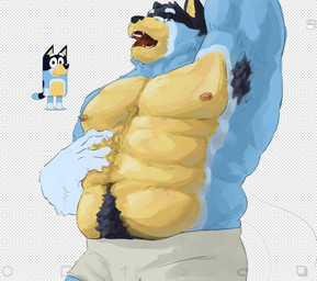 abs anthro areola armpit_hair barazoku big_muscles body_hair claws clothed clothing eyebrows fur geometric_background grid_background hand_behind_head happy_trail looking_at_viewer male muscular muscular_anthro muscular_male navel nipples obliques open_mouth pattern_background pecs pubes simple_background solo standing stretching teeth thick_arms tongue topless topless_anthro topless_male tuft underwear white_background yawn hav3nsuspended bluey_(series) bandit_heeler australian_cattle_dog canid canine canis cattledog domestic_dog herding_dog mammal pastoral_dog 2025 hi_res reference_image