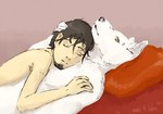 affectionate anthro bed duo eyebrow_piercing facial_hair facial_piercing furniture hug lying male male/male nude on_bed piercing pillow sleeping stroking_head yellow_eyes 9x9 canid canine canis human mammal wolf