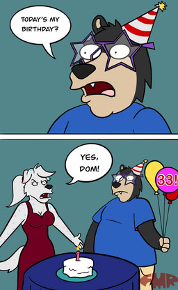 allcaps angry annoyed anthro birthday birthday_cake birthday_candle black_body black_fur black_nose blue_body blue_clothing blue_fur blue_shirt blue_t-shirt blue_tablecloth blue_topwear cake clothing dessert dialogue dress duo exclamation_point eyelashes eyewear female food fur glasses hat headgear headwear khaki_pants male markings maroon_dress open_mouth overweight overweight_male party_glasses party_hat pattern_clothing pattern_hat pattern_headgear pattern_headwear pink_body pink_fur red_clothing red_dress red_hat red_headwear red_text sharp_teeth shirt speech_bubble spots spotted_markings striped_clothing striped_hat striped_headgear striped_headwear stripes t-shirt teeth text topwear white_cake white_clothing white_hat white_headwear foxmanad dom_(foxmanad) spotty_(whatindalmatian) bear black_bear canid canine canis dalmatian domestic_dog mammal ursine comic hi_res