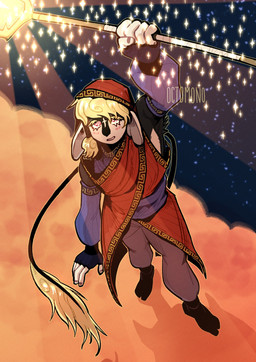 ambiguous_anthro ambiguous_gender anthro black_body black_fur blonde_hair blue_clothing clothed clothing floppy_ears front_view fur hair holding_object holding_staff looking_at_viewer pink_eyes red_clothing solo sparkles staff standing tail tail_tuft tuft white_body white_fur 0ct0m0n0 species_request hi_res