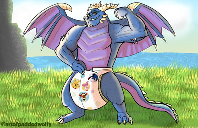 abdl anthro clothed clothing diaper flexing male muscular standing wearing_diaper paddedwolfy activision disney huggies mythology spyro_the_dragon winnie_the_pooh_(franchise) bubba_(spyro) rescued_dragons_(spyro) dragon mythological_creature mythological_scalie scalie hi_res