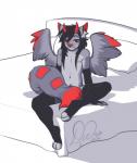 2014 anthro bed big_tail biped censored clothing convenient_censorship countershading digital_media_(artwork) felid fluffy fluffy_tail footwear fur furniture half-closed_eyes horn hybrid kittydee legwear looking_at_viewer male mammal narrowed_eyes navel nipples nude pillow red_eyes sitting smile socks solo tail tail_censorship thigh_highs toeless_footwear toeless_socks