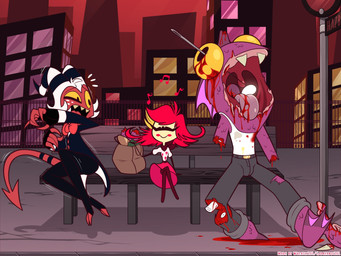 anthro bench black_clothing blood blood_from_eye blood_from_mouth blood_in_mouth blush blush_stickers bodily_fluids bone bottomwear bow_tie city city_background clothing crossed_legs death dismemberment eyes_closed feet female freckled_face freckles gore grocery_bag group hair happy horn male membrane_(anatomy) musical_note musical_symbol open_mouth outside pants park_bench purple_body purple_scales red_body red_bottomwear red_clothing red_hair red_skin red_skirt scales severed_arm severed_body_part severed_leg severed_limb sewing_needle shirt shocked size_difference skirt spade_tail stabbed_in_eye stained_clothing striped_horn stripes symbol tail tank_top toes tongue tongue_out topwear trio webbed_feet white_clothing white_hair white_shirt white_topwear yellow_sclera barryfactory hazbin_hotel hellaverse helluva_boss moxxie_(helluva_boss) niffty_(hazbin_hotel) aquatic demon fish horned_humanoid humanoid imp tailed_humanoid 2021 hi_res