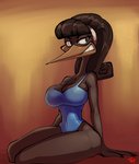 accessory anthro beak big_breasts black_body black_feathers black_hair breasts brown_eyes clothed clothing curvy_figure feathers female fingers grin hair headband hourglass_figure long_hair looking_aside non-mammal_breasts one-piece_swimsuit sitting skimpy small_waist smile solo swimwear teeth thick_thighs wide_hips thingshappen disney ducktales ducktales_(2017) black_heron_(ducktales) avian bird black_heron egretta heron pelecaniform hi_res