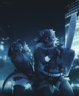 5_fingers anthro biped bottomwear breasts claws clothed clothed_anthro clothed_female clothing collar duo female finger_claws fingers front_view fully_clothed fully_clothed_anthro fully_clothed_female fur gloves hair handwear navel night outside pants skt smile standing tail teeth topwear unknowhiter felid feline mammal 2026 digital_drawing_(artwork) digital_media_(artwork) hi_res