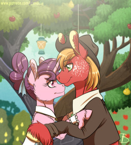 canon_couple clothing dress duo female fur green_eyes hat headgear headwear horn husband_and_wife kiss_on_nose kissing lamp lantern male married_couple plant red_body red_fur romantic romantic_ambiance romantic_couple suit tree wedding_dress inuhoshi-to-darkpen friendship_is_magic hasbro my_little_pony mythology big_macintosh_(mlp) sugar_belle_(mlp) earth_pony equid equine horse mammal mythological_creature mythological_equine pony unicorn 2019