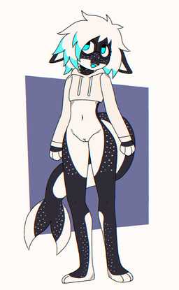 andromorph anthro bottomless bottomless_andromorph bottomless_intersex choker clothed clothing crop_top_hoodie eyewear genitals glasses hair innie_vulva intersex jewelry necklace simple_background solo vulva white_hair crischar_foxito earendel_(arsenicu) aquatic cetacean dolphin mammal oceanic_dolphin orca toothed_whale absurd_res hi_res