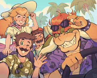 4_fingers 5_fingers aloha_shirt anthro backwards_cap beach blonde_hair bottomwear brown_body brown_fur car claws clothed clothed_anthro clothed_female clothed_human clothed_male clothing digit_ring eyebrows eyewear facial_hair female fingers fur group hair jewelry light male mustache palm_tree pattern_clothing pattern_shirt pattern_topwear plant princess red_hair ring royalty selfie shell shirt skirt spiked_shell spikes spikes_(anatomy) sunglasses thick_eyebrows topwear tree vehicle wedding_ring white_claws didy414 mario_bros nintendo bowser luigi mario princess_peach human koopa mammal scalie 2026 absurd_res colored digital_drawing_(artwork) digital_media_(artwork) hi_res lighting shaded brother_(lore) brothers_(lore) sibling_(lore) twins_(lore)