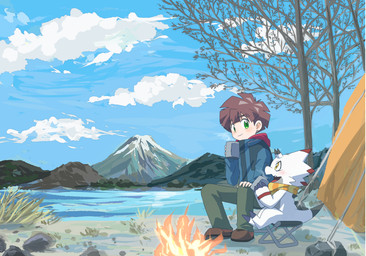 anthro bottomwear campfire camping clothing coat drinking duo footwear horn lake male pants scarf shoes sitting smile tail tent topwear white_body hamu_ym bandai_namco digimon digimon_ghost_game gammamon_(ghost_game) hiro_amanokawa digimon_(species) gammamon human mammal hi_res
