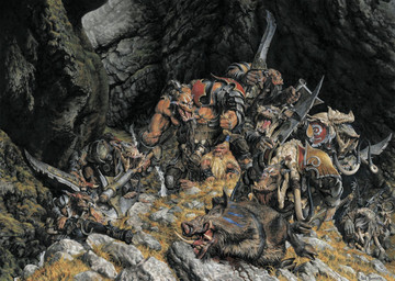 armor axe beard black_hair blonde_hair brown_body brown_fur detailed_background eyes_closed facial_hair facial_piercing feral fur grass group gun hair headgear helmet holding_axe holding_gun holding_melee_weapon holding_object holding_ranged_weapon holding_sword holding_weapon hooves humanoid_focus humanoid_pointy_ears male melee_weapon muscular muscular_male nose_piercing nose_ring pauldron piercing plant pointy_ears ponytail ranged_weapon red_body ring_piercing rock size_difference smile sword tusks weapon paul_bonner rackham_entertainment dwarf humanoid mammal orc suid suine sus_(pig) wild_boar hi_res traditional_media_(artwork)