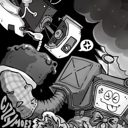 ambiguous_gender angry antenna_wire bow_tie cake candle cathode_ray_tube clothing computer dessert duo electronics emanata food glaring_at_another handwear machine not_furry oven_mitts screen screen_face text tongue tongue_out gizzymoes fallout microsoft portal_(series) valve glados yes_man_(fallout) humanoid robot securitron_(fallout) artist_name black_and_white monochrome female_(lore) male_(lore)