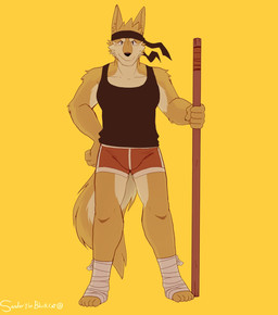 5_fingers 5_toes accessory anthro black_clothing black_headband black_shirt black_tank_top black_topwear bo_staff bottomwear clothing feet feet_wraps fingers fur headband holding_object holding_staff looking_at_viewer male monotone_background plantigrade red_bottomwear red_clothing red_shorts shirt shorts simple_background solo staff standing tank_top text toes topwear yellow_background yellow_body yellow_fur koiyaroid canid canine mammal artist_name hi_res