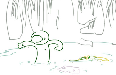 blonde_hair clothing duo ?_face female hair male nervous outside partially_submerged suggestive swamp swimming underwear water the_weaver monstro_village anon caimon alligator alligatorid crocodilian human mammal reptile scalie