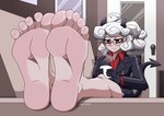 5_toes barefoot clothed clothing container cup eyewear feet female foot_fetish foot_focus glasses horn humanoid_feet mug not_furry plantigrade red_eyes soles solo spade_tail tail toes mostlyfunstuff helltaker pandemonica_(helltaker) demon demon_humanoid horned_humanoid humanoid absurd_res hi_res