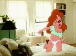 anthro areola areola_slip bed bedroom breasts brown_hair clothed clothing eyes_closed female furniture hair navel open_mouth panties solo underwear yawn sankam disney goof_troop roxanne_rover mammal 4:3